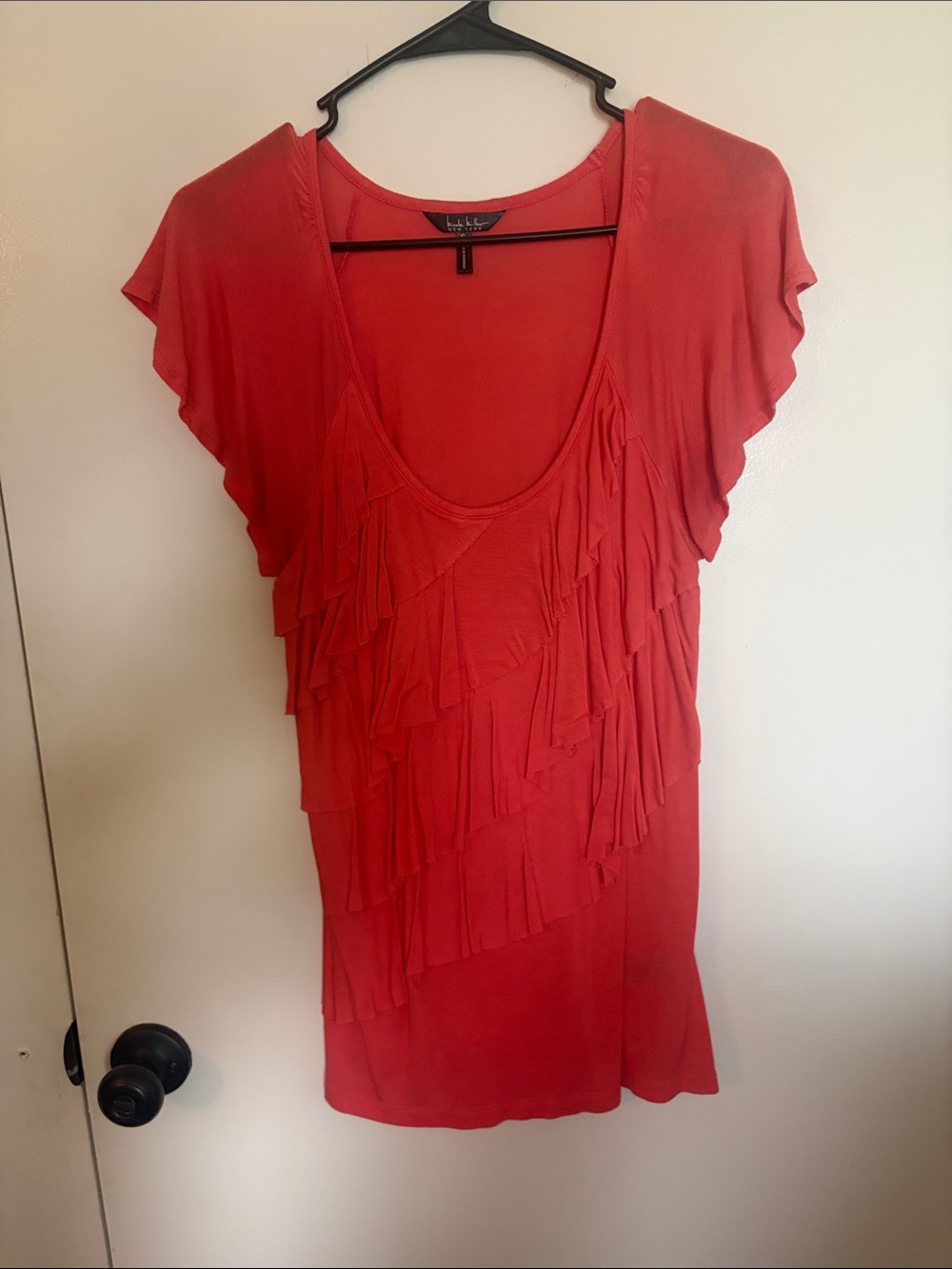 Nicole Miller Red Short-Sleeve Ruffle Scoop Neck Tee